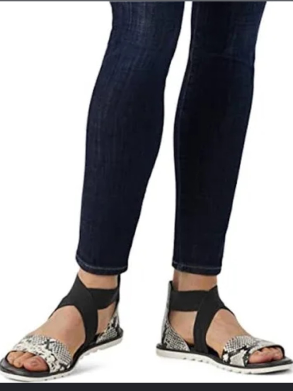 Sorel Ella II Black Snake Print Flat Criss Cross Sandals